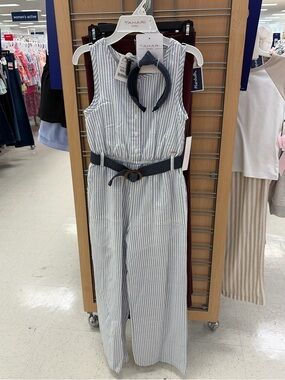 Tahari Blue and White Striped Sleeveless Jumpsuit with Navy Belt